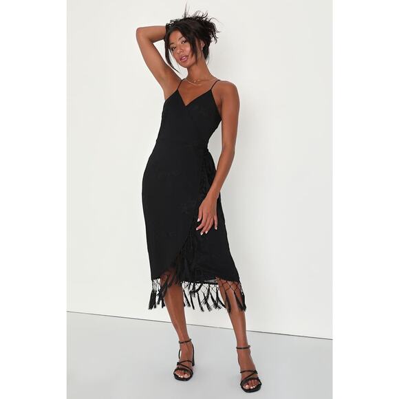 NWT Lulus Womens Fun Affair Wrap Dress Fringe Trim Embroidered Boho Black Size S - Picture 1 of 14